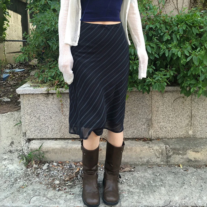 Falda ceñida a rayas Vintage con lazo, diseño de bloques de Color, ropa informal de fiesta, falda Midi de estilo dulce y picante a la moda