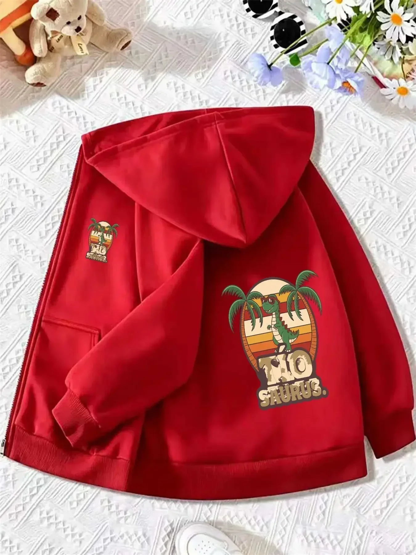 Soft Black Zip Hoodie For Boys Trendy Vintage Tropical Dinosaur Pattern Double Side Print Hooded Daily Coat