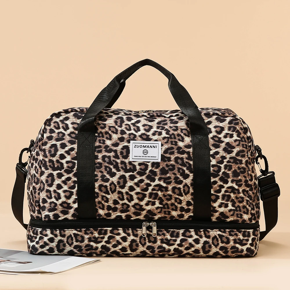 Leopard Printing Travel Bag, Large Capacity Sports Gym Bag With Independent Shoe Compartment, Weekend overnight Duffel Bag