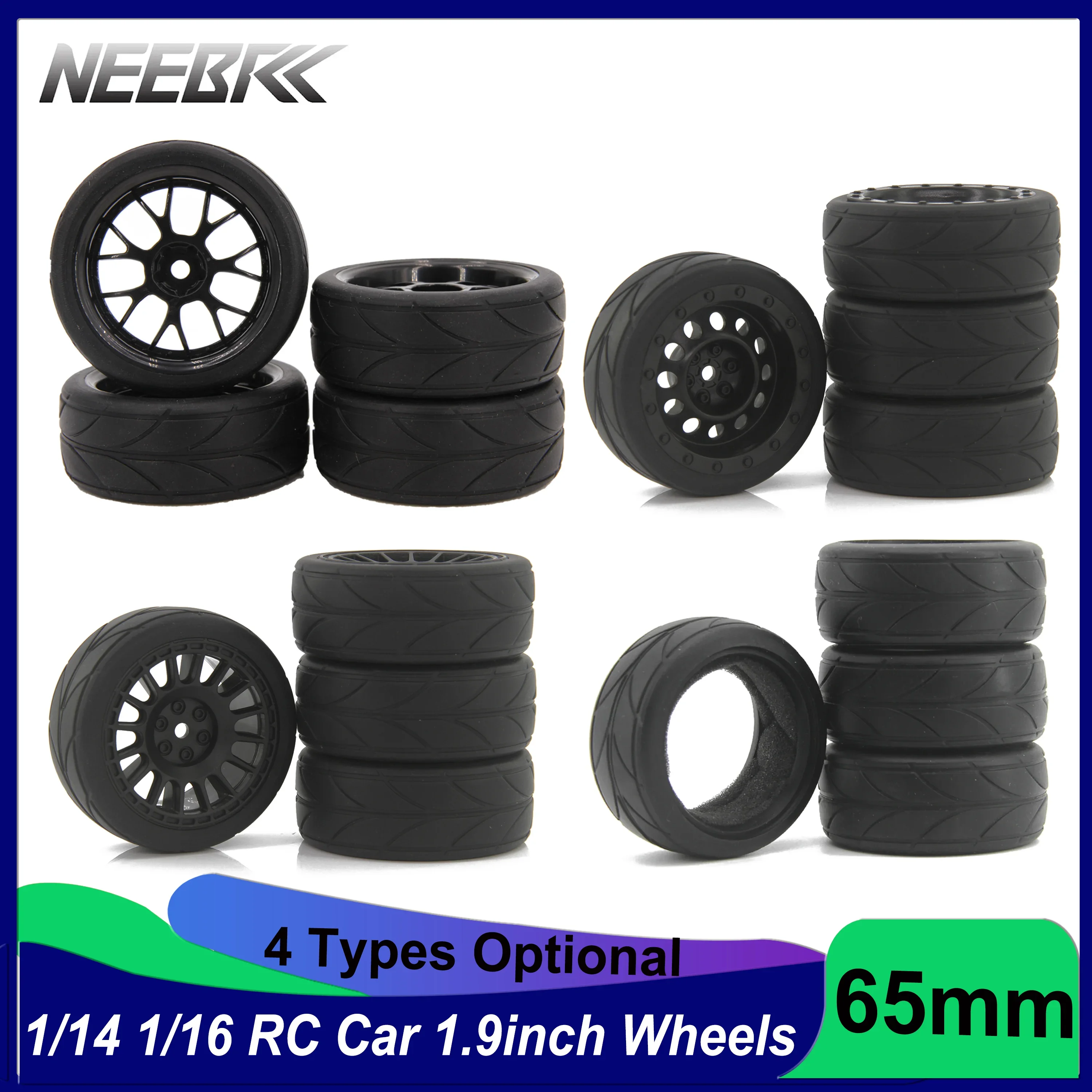 NEEBRC 1.9 inch 65mm Off Road Buggy Tires Wheel 12mm Hex Hubs Rubber for 1/10 1/14 1/16 RC Car Wltoys 144001 Scx10 Traxxas Trx-4