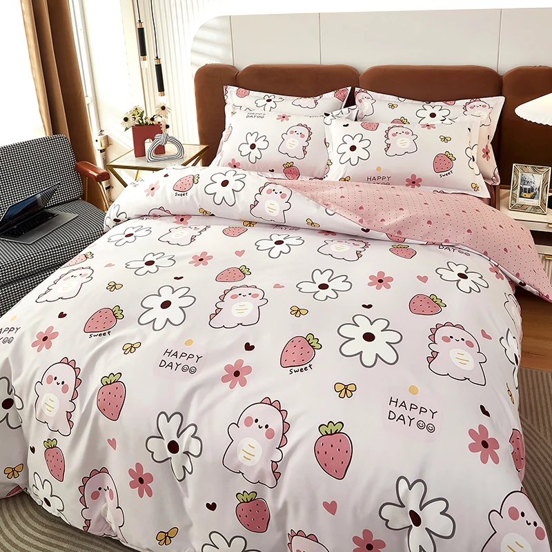 Cartoon Strawberry Dinosaur Duvet Cover Kids Bedding Sets Gift for Girls Teen, Reversible Cute Floral Thickened Comforter Covers