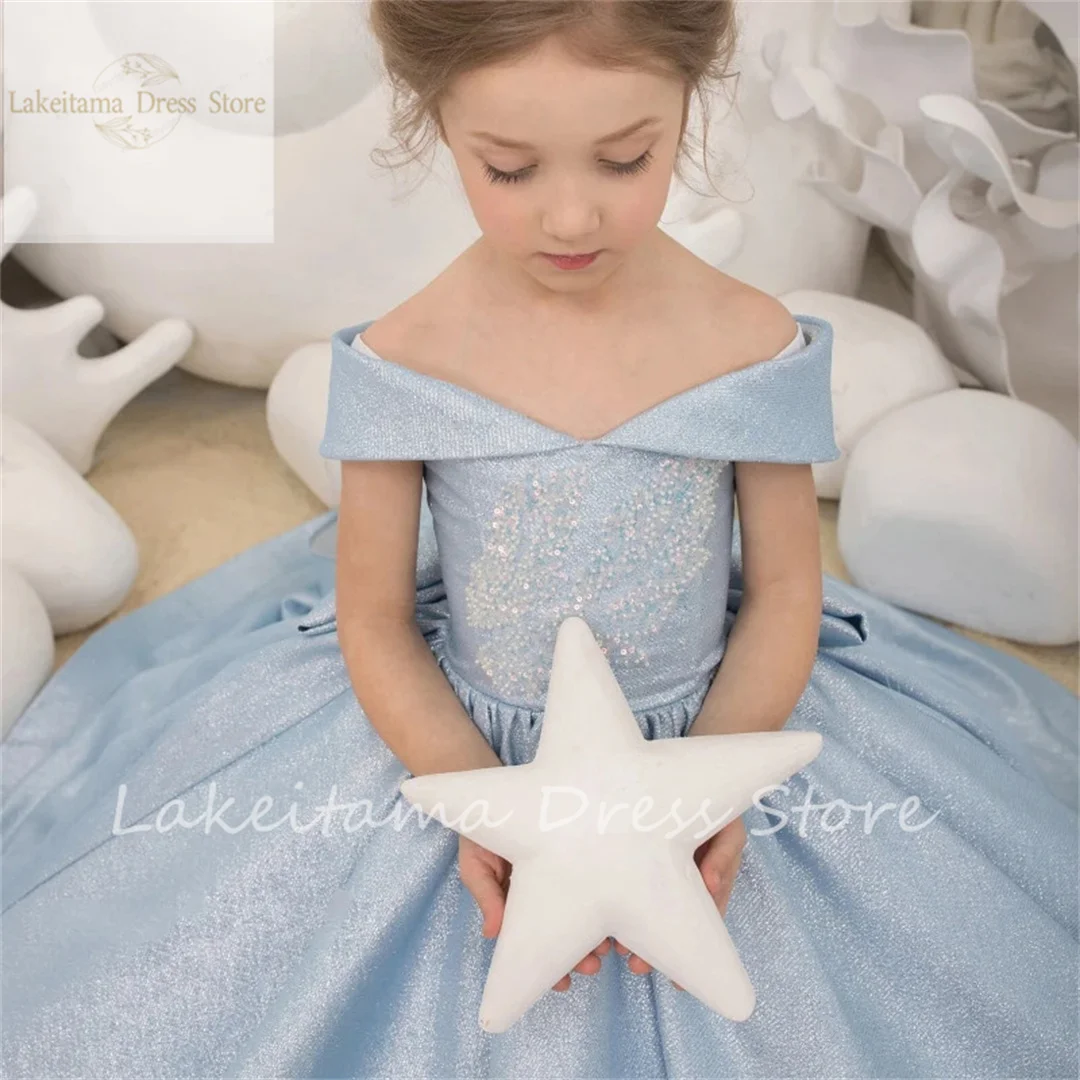 Flower Girl Dresses Sky Blue Satin With Big Bow Off Shoulder Long Skirt For Wedding Birthday Banquet Princess Gowns