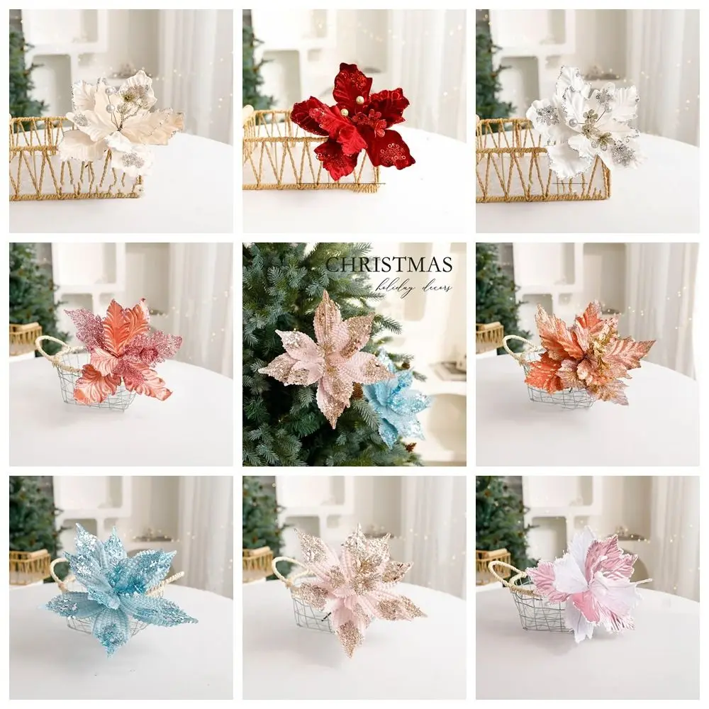 Flower Head Artificial Christmas Flowers Handmade Glitter Simulated Christmas Flower Multi-color DIY Xmas Tree Ornaments