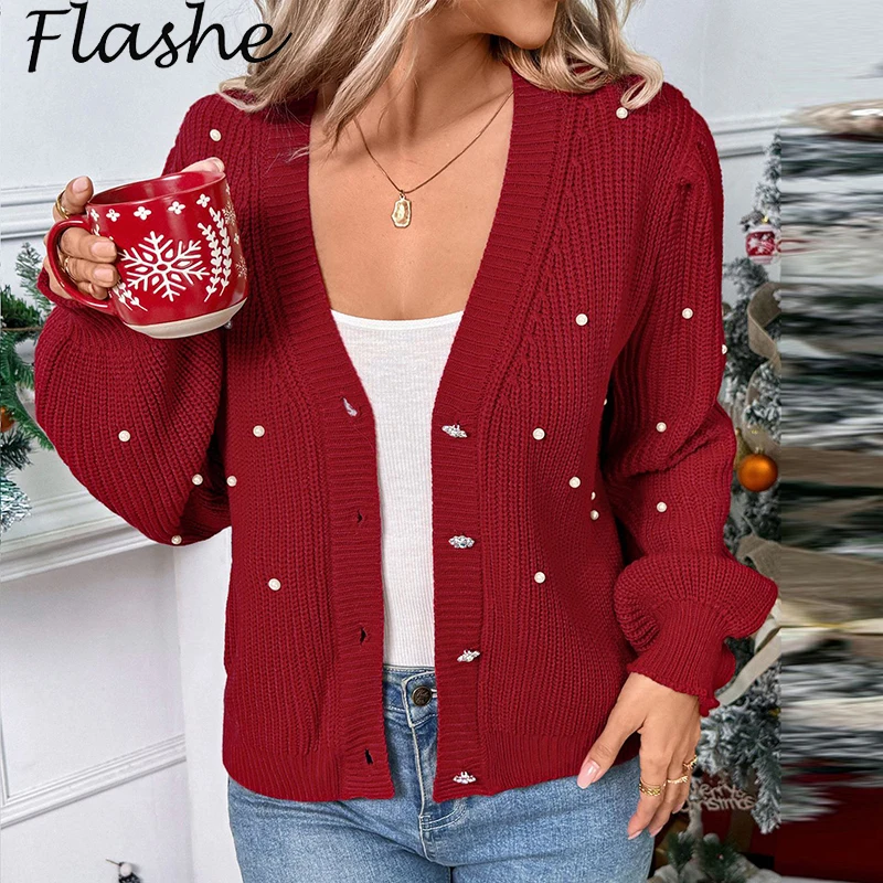 جديد أزياء المرأة محبوك سترة حمراء الخامس الرقبة زر حبة تصميم طويلة الأكمام البلوزات للنساء عيد الميلاد البلوز قمم