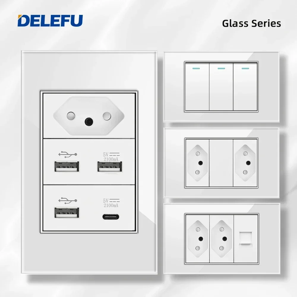 DELEFU 4*2 White Tempered Glass Brazil Standard Outlet Dual Usb Type C  Wall Socket Light Switch Switzerland 10A 20A