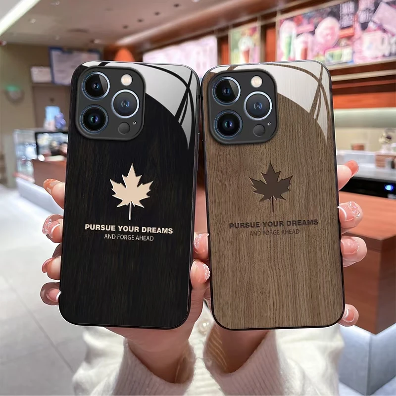 For Apple iphone 14 13 12 11 Pro Max Case Hard Tempered glass Wood grain maple protect Back Cover for iphone XS Max XR 8 7 6plus