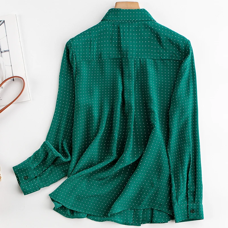 100% Mulberry Silk Women Long Sleeve Shirt Green Dots Printed Buttons Down Top Blouse office work ZY012