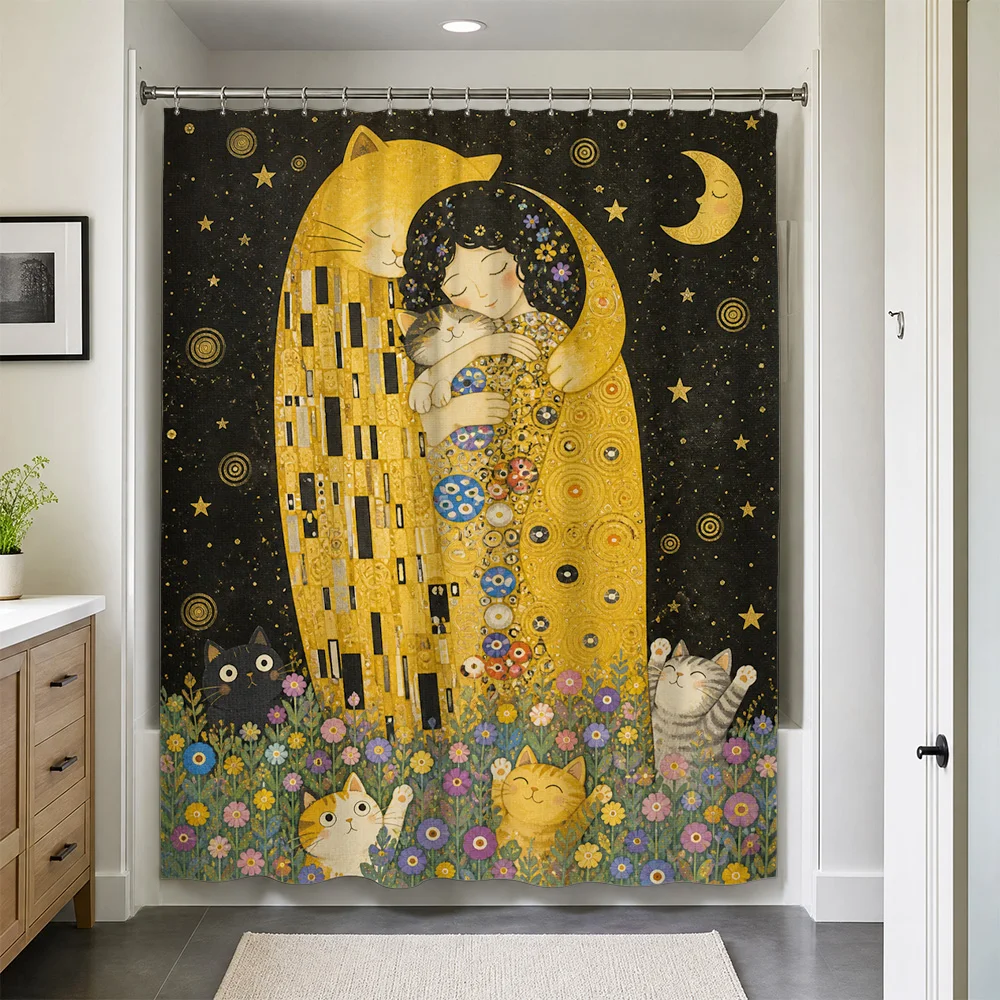 Waterproof Aesthetic Cat Shower Curtain Floral Pattern Whimsical Bathroom Decor Liner Cute Cartoon Animals Master Bathroom Curta