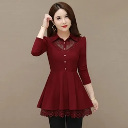 Women Lace Base Shirt Long Sleeved T-Shirts Spring Autumn New Style Mid-Long Belly Covering Pullover Top Female Lace Blouse 5XL