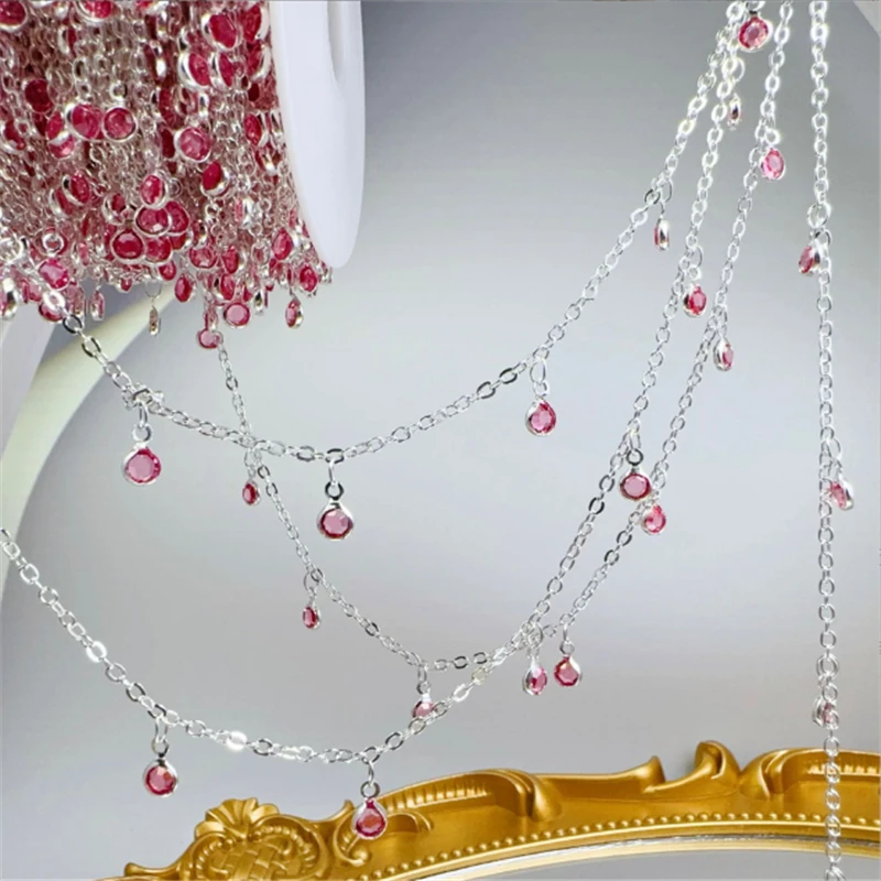 10 Meters/Lot Fashion Brass Pink Glass Crystal Link Chains for DIY Necklace Garment Tassel Chain Jewelry Findings Accessories