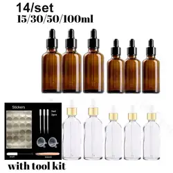 14PCS 1OZ/2OZ Essential Oil Glass Aromatherapy Liquid Brown gold Empty Dropper Bottle Massage Pipette Bottles Refillable 30/50ml