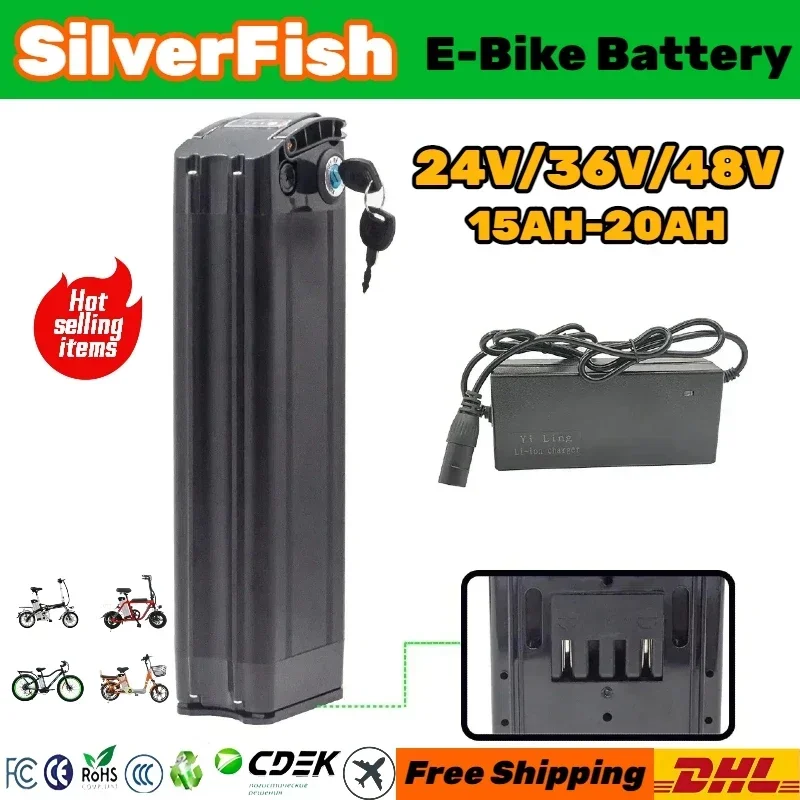 36V/48V High performance SilverFish battery 20000mAh Bottom discharge for 500W 750W 1000W E -B I K E lithium battery replacement