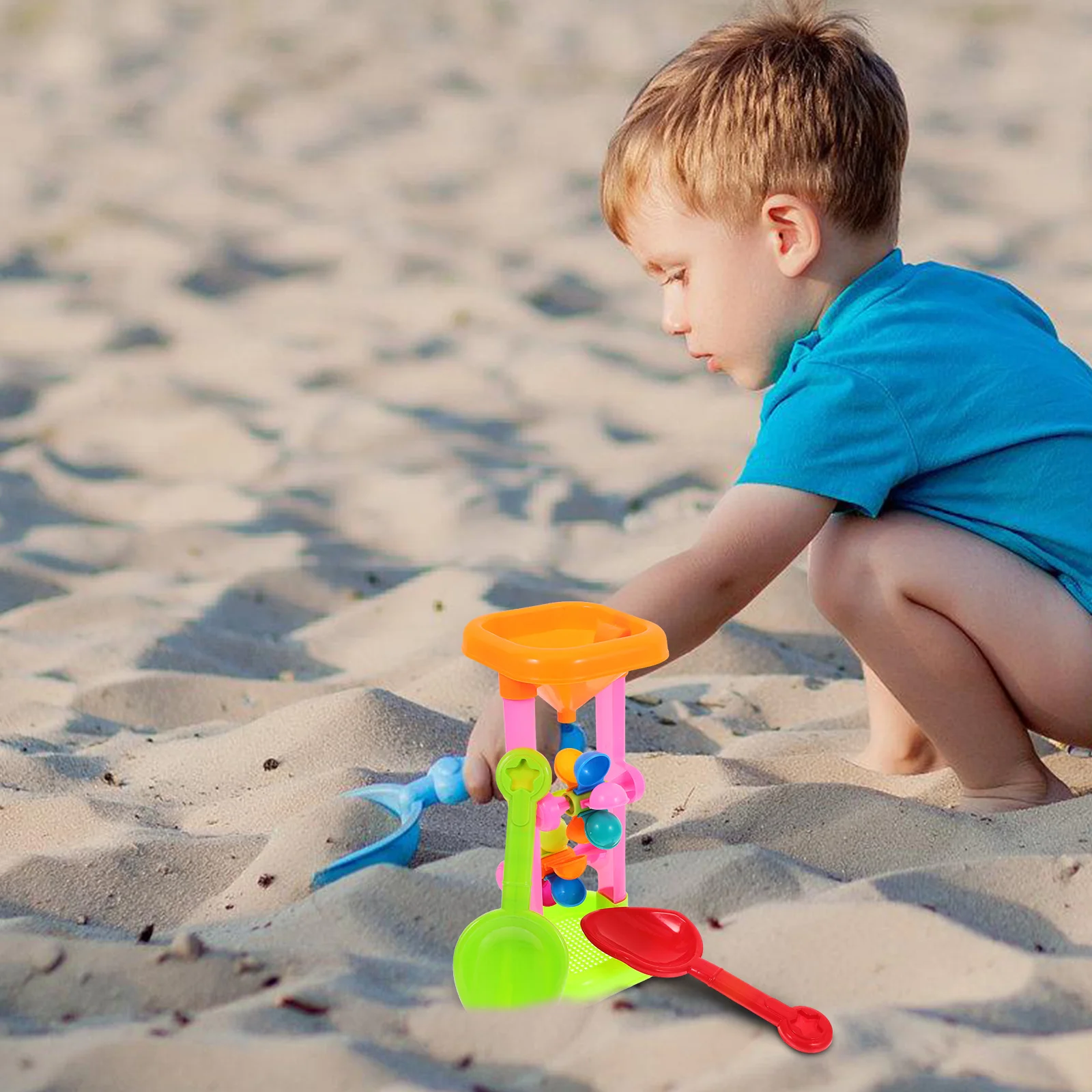 ล้อน้ํากลางแจ้งชุดของเล่นพลาสติกเด็กชายหาด Sandbox ของเล่นชายหาดทรายนาฬิกาทรายน้ํา Sifting ช่องทางฤดูร้อนชายหาดตารางทราย