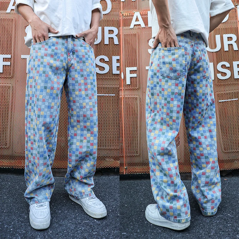 

Мужские джинсы в американском ретро-стиле, в клетку, летние 2025, прямые, свободные, широкие штанины, модные, городские, повседневные