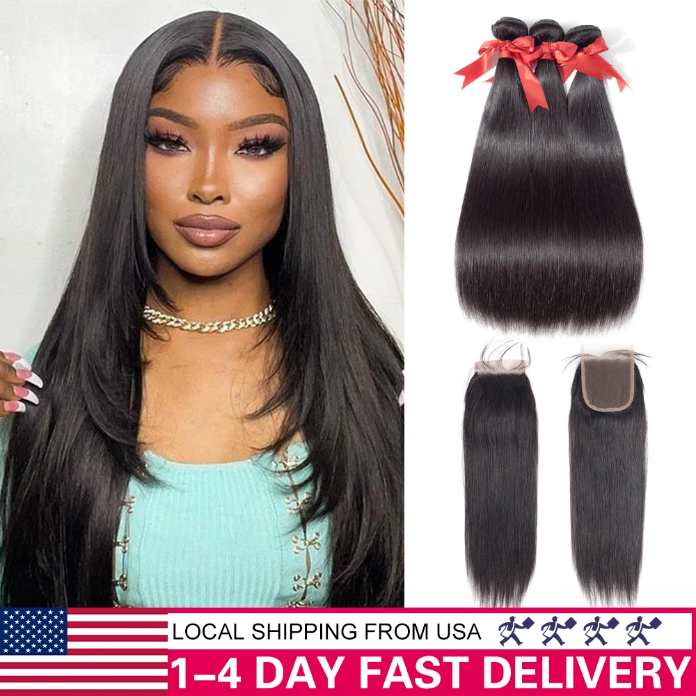 10A Grade Raw Cuticle Aligned Hair 100g Virgin Human Hair 100% Brazilian Hair Straight 3 pieces Bundles With 4*4 Lace Closure