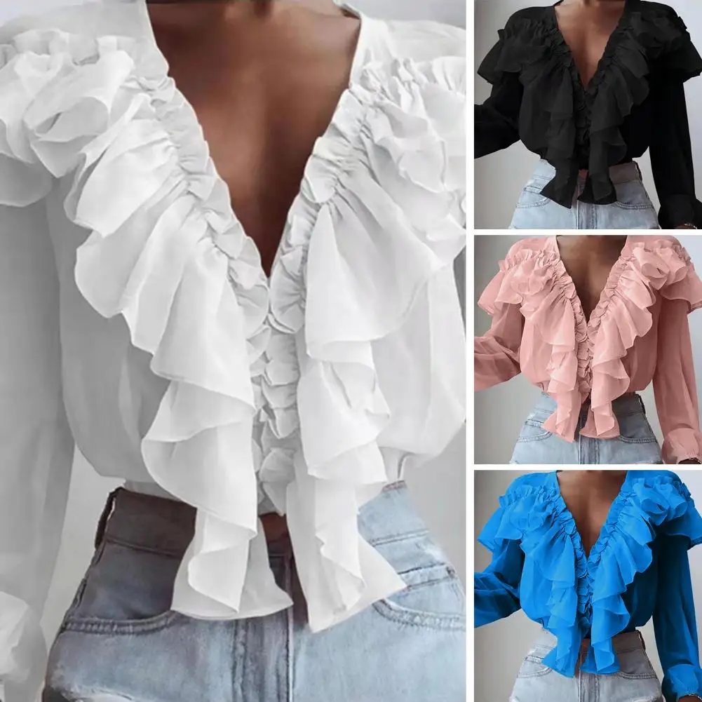 Long Sleeve Pullover Tops Solid Color Loose Chiffon Shirt Ruffle Collar Sweet Pullover Blouse Streetwear Camisa De Chiffon