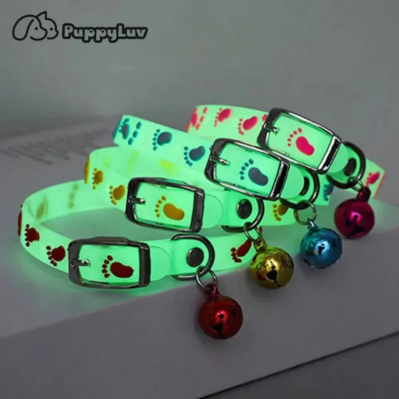 Luminous Cat Necklace Glowing Small Dog Cat Collar Anti-Loss Fluorescent Silicone Cat Bell Collar Neck Ring Pet Cat Accessories