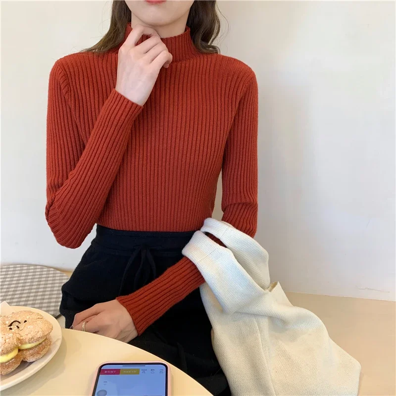 Women Sweaters Femme Basic Casual Slim Keep Warm Thickening Fashion Solid Mock Neck Candy Colors Tricot Simple Elegant Lady Cozy