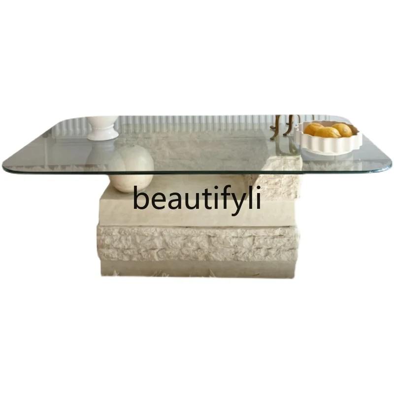 

Living room light luxury travertine tea table designer small apartment tea table