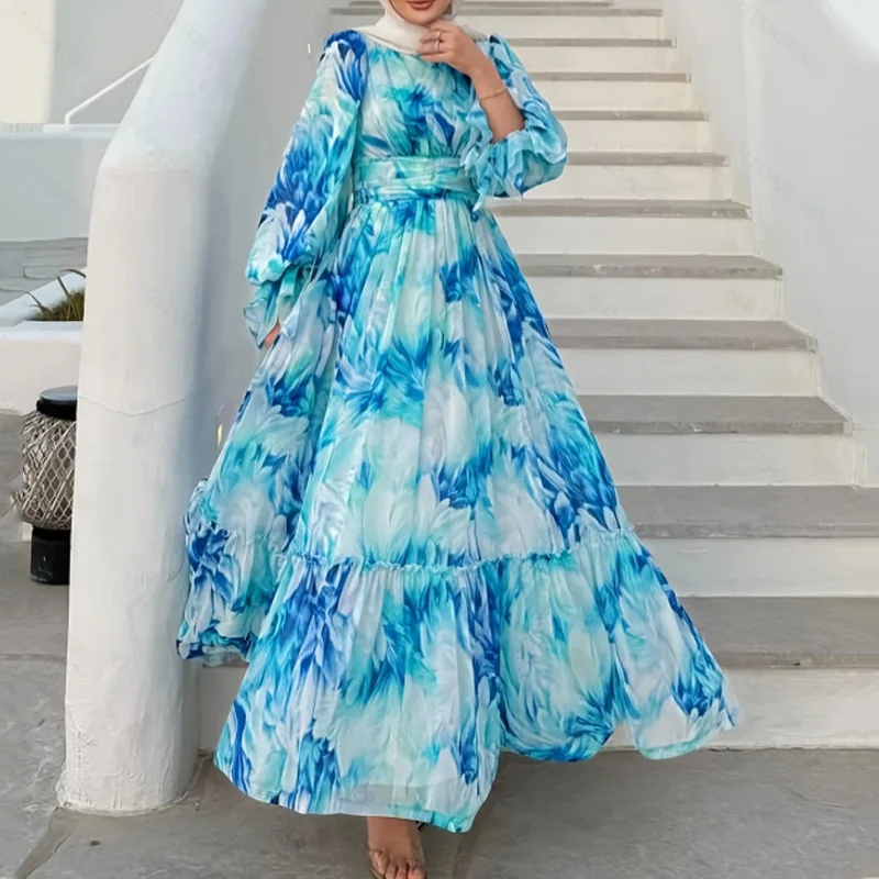 Middle East New Fashion Women's Asymmetrical Casual Trendy Elegant Loose Tie Dye O-neck Lantern Sleeve Dresses Female Clothes