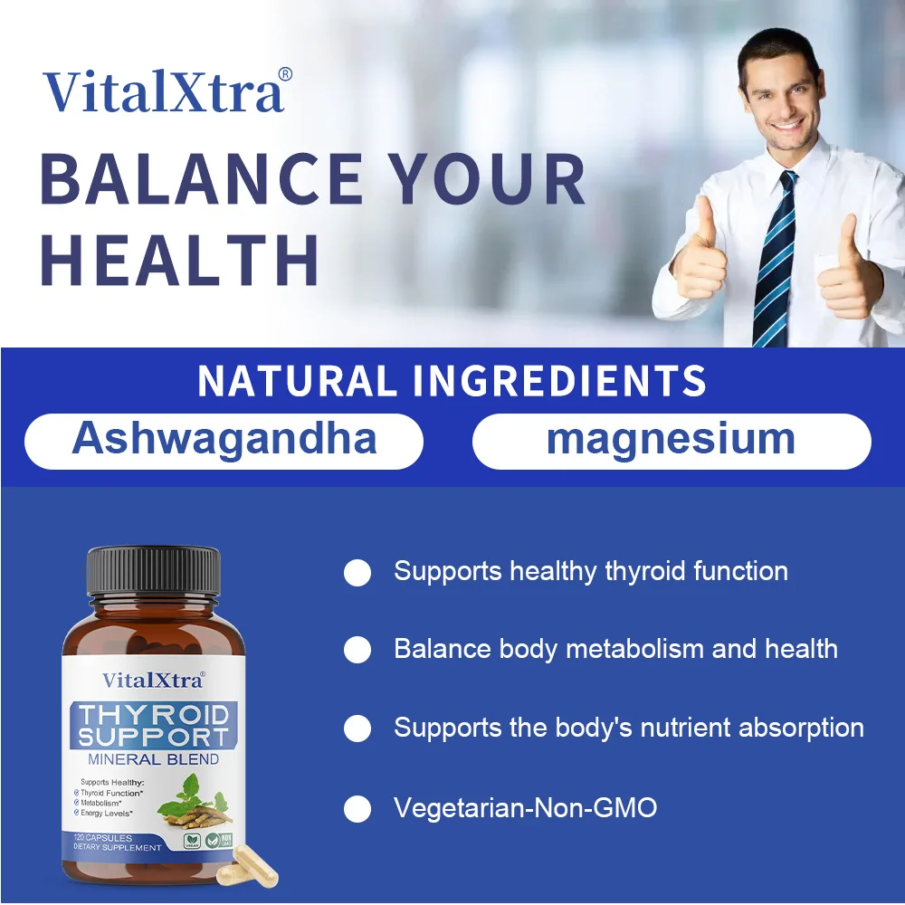 مكمل دعم الغدة الدرقية، مستخلص جذور أشواغاندا، اليود، السيلينيوم، الزنك، وفيتامين B12 لتعزيز الطاقة والواضح الذهني