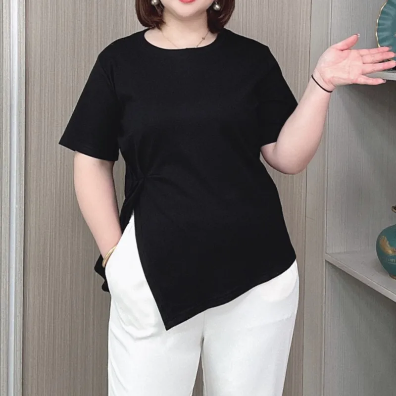 Camiseta de manga curta feminina, blusa fina solta, folgada irregular, plus size, moda casual, verão, nova