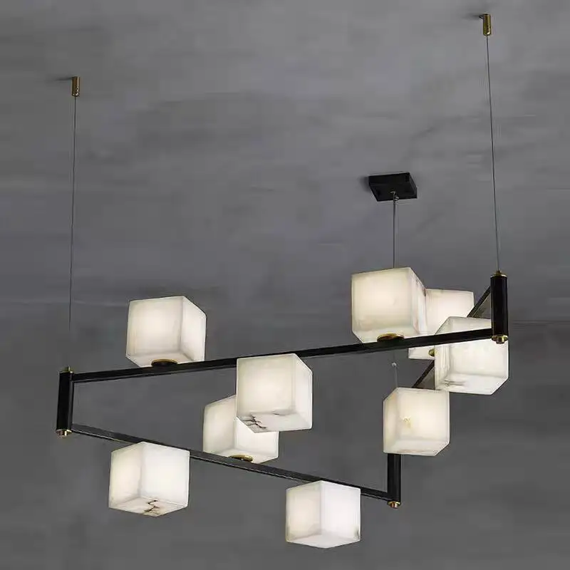 Natural Spanish Square Marble LED Chandelier Designer Unique Creative Piece Living Room Bedroom Dining Room Alabaster Lighting