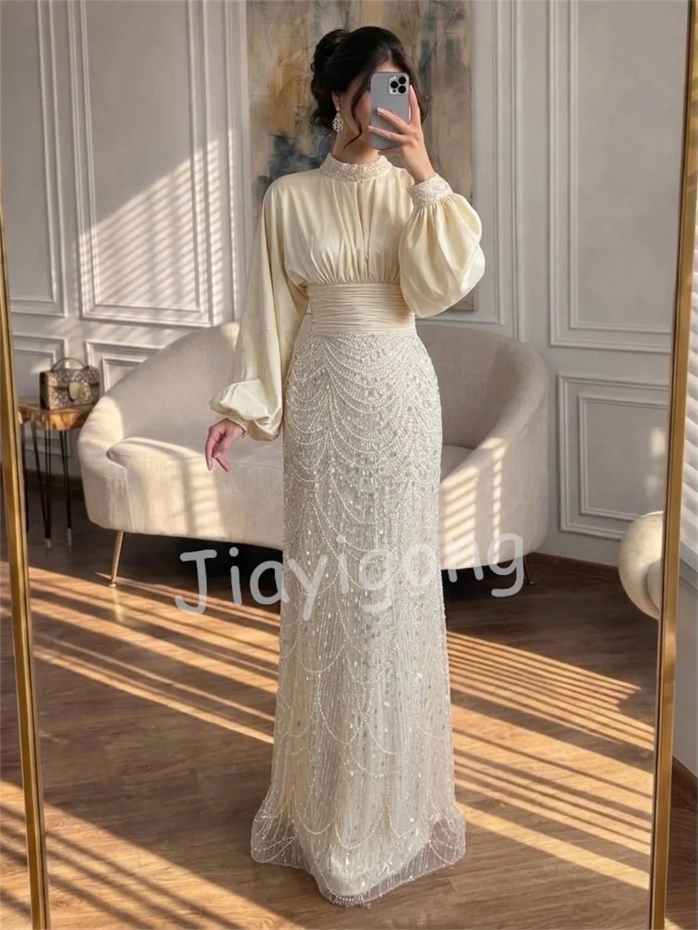 Customized Matching Charmeuse Pleat Sequined Trumpet High Collar Long Luxury Party Bespoke Occasion Dresses