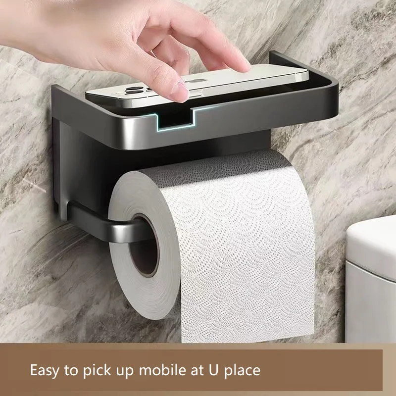 ABS Toilet Paper Holder Black No Drill Kitchen Storage Bathroom Accessories Self-Adhesive Wall Mounted Tissue Rack Mobile Shelf