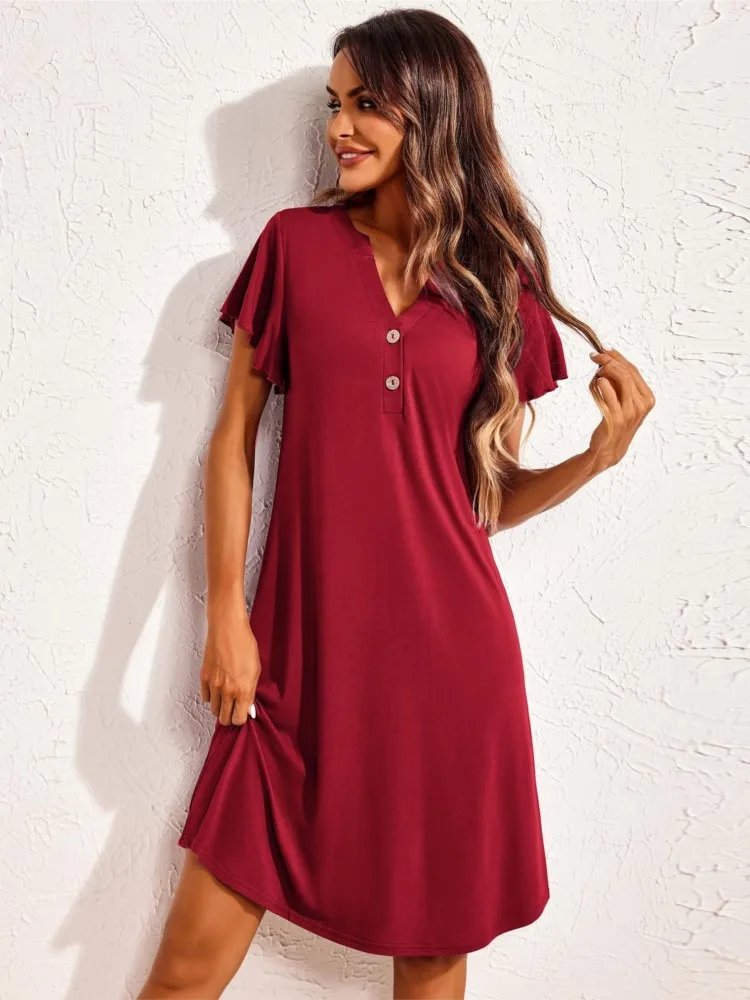 

Women's Elegant Dress V-neck Short-sleeved Buttoned Loose Home Clothes Can Be Worn Outside Pajamas Casual Commuting Home Pajamas