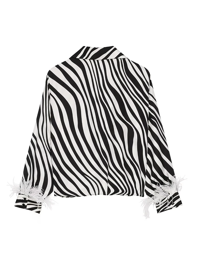 HH Women Summer Elegant Zebra Striped Satin Blouse Collared Long Sleeve Draped Front Feather Cuffs For Holiday Dinner Party Wear