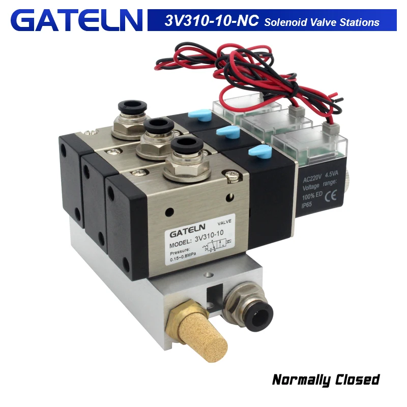 3V310-10-NC Normally Closed Solenoid Valve Stations Block With Muffler Fitting Base Manifold DC12v DC24v AC110v AC220v 3 port