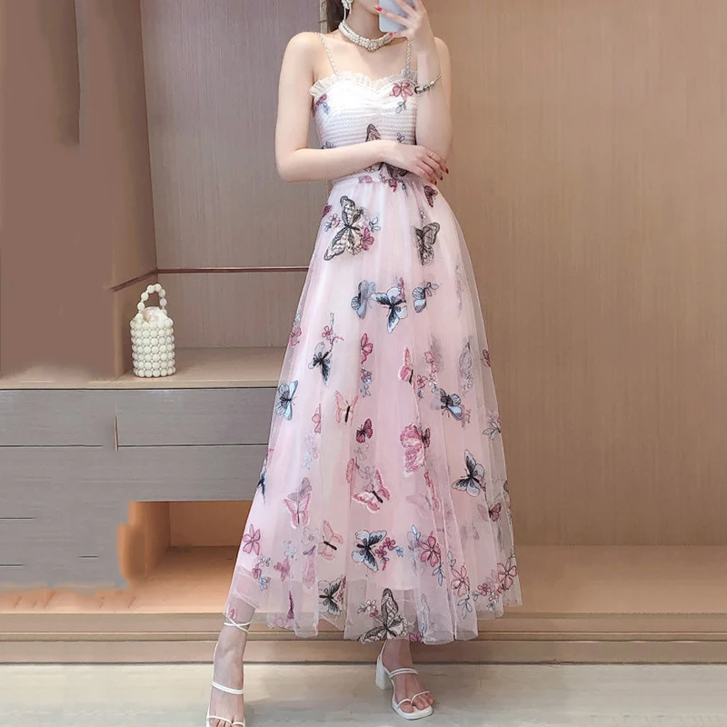 

Women's 2022 summer new dress sweet Rhinestone suspender embroidered butterfly flower mesh Fairy Dress