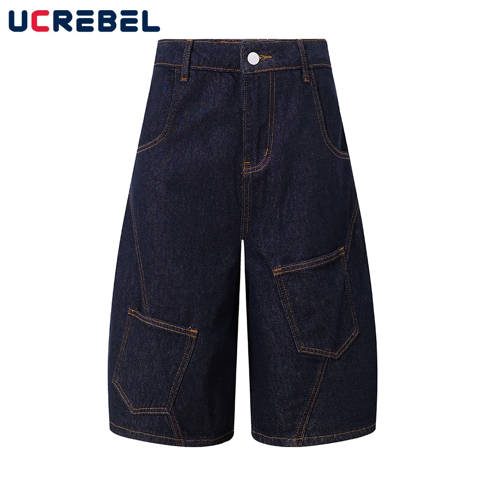 Solid Color Top Stitch Denim Shorts Mens Multi-Pocket Retro High Street Loose Wide Leg Washed Short Jeans Men