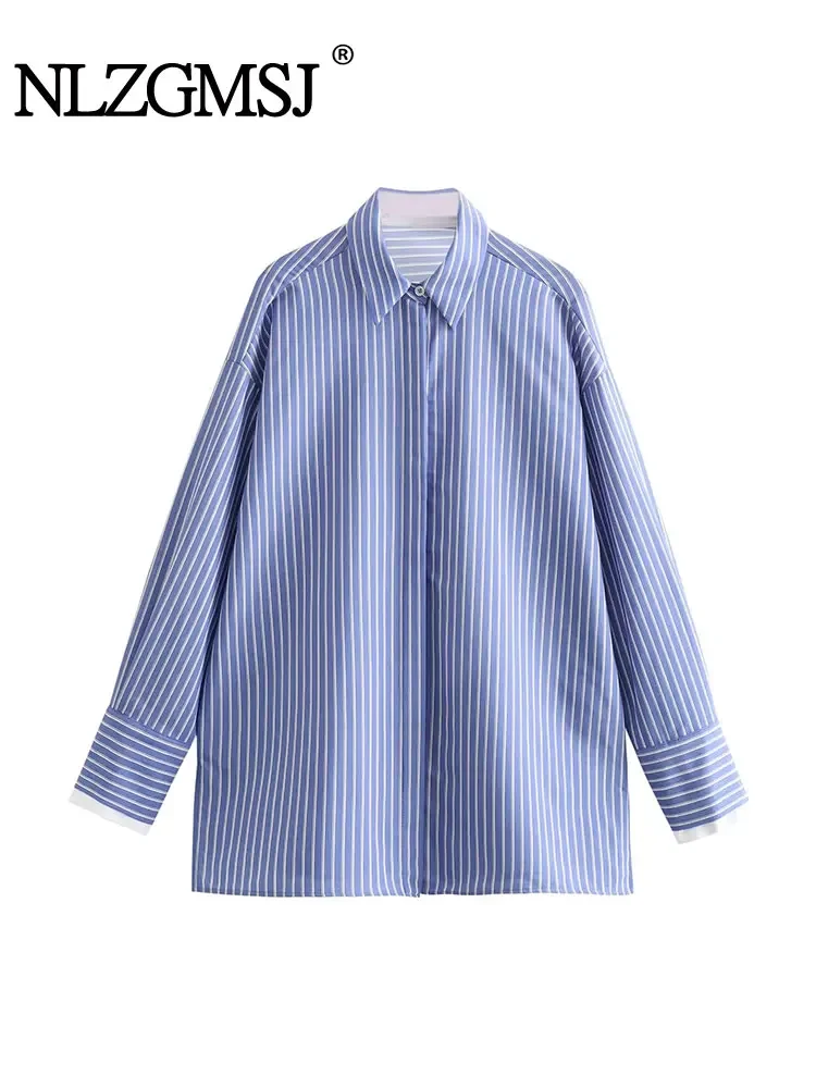 

Nlzgmsj TRAF Striped Shirt Women Blue Oxford Long Shirt Woman Button up Shirts and Blouses for Women Long Sleeve Blouse Female