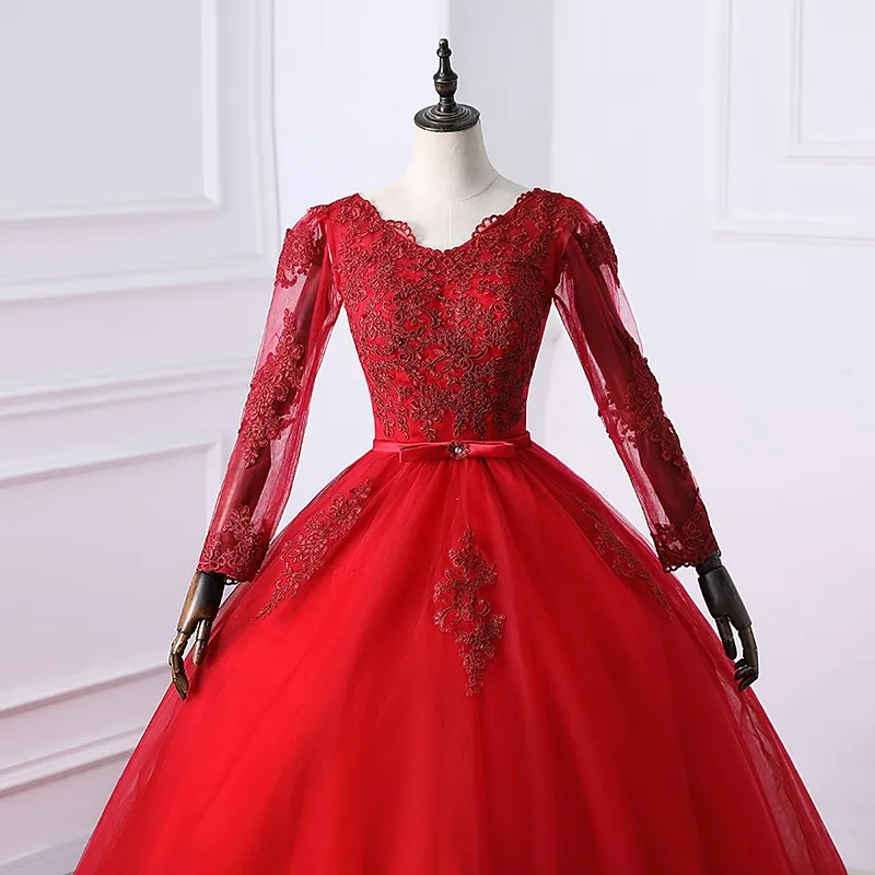 Vestido para quinceañeras de encaje con cinturón de manga larga y tren de barrido, vestido de fiesta de lujo para graduación, Vestidos de talla grande 15 para niña personalizado