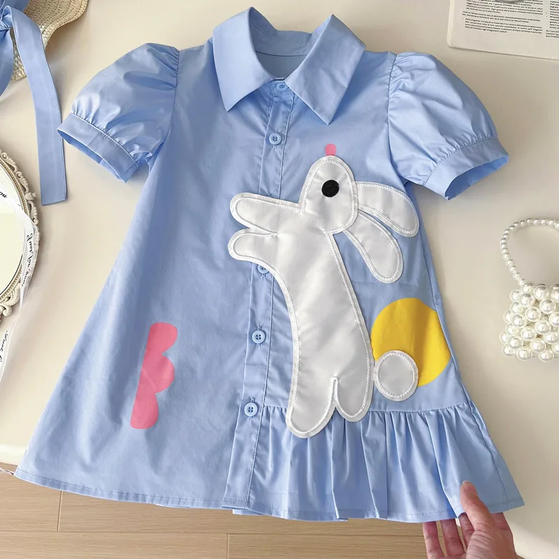 

Girls' Summer Dress2024New Western Style Little Girl Preppy Style Shirt Dress Short Sleeve Children Printed Skirt