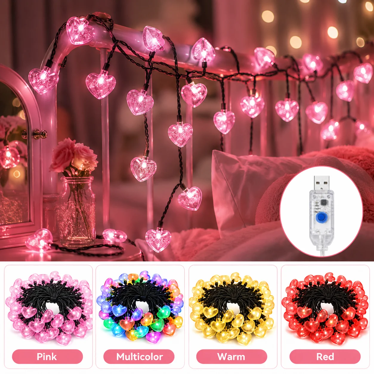 USB Heart String Lights 5/7/12M 20/50/100LED Fairy Lights Pink Multicolor Warm Red Bedroom Party Curtain Decor