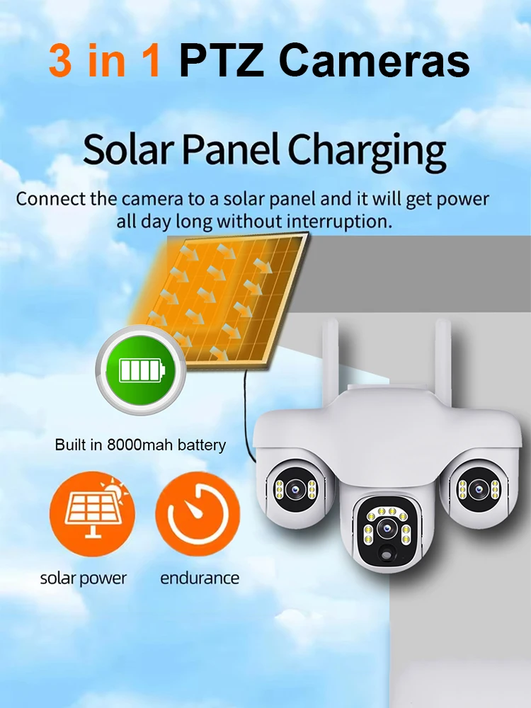 4G Solar-Kamera mit 3 PTZ-Objektiven, 360°-Rotation, Auto-Tracking, Menschenerkennung, Heimsicherheitsschutz, IP-WLAN-Außenkamera, 4G-Überwachungsmonitor