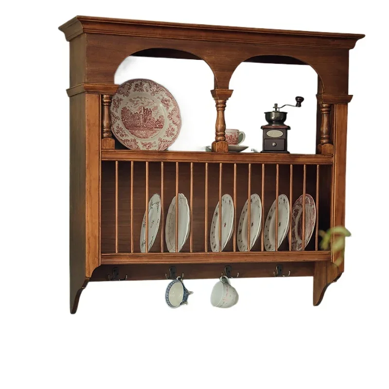 

Medieval solid wood plate rack, bowl rack, wall , storage , retro and old French wood decorative