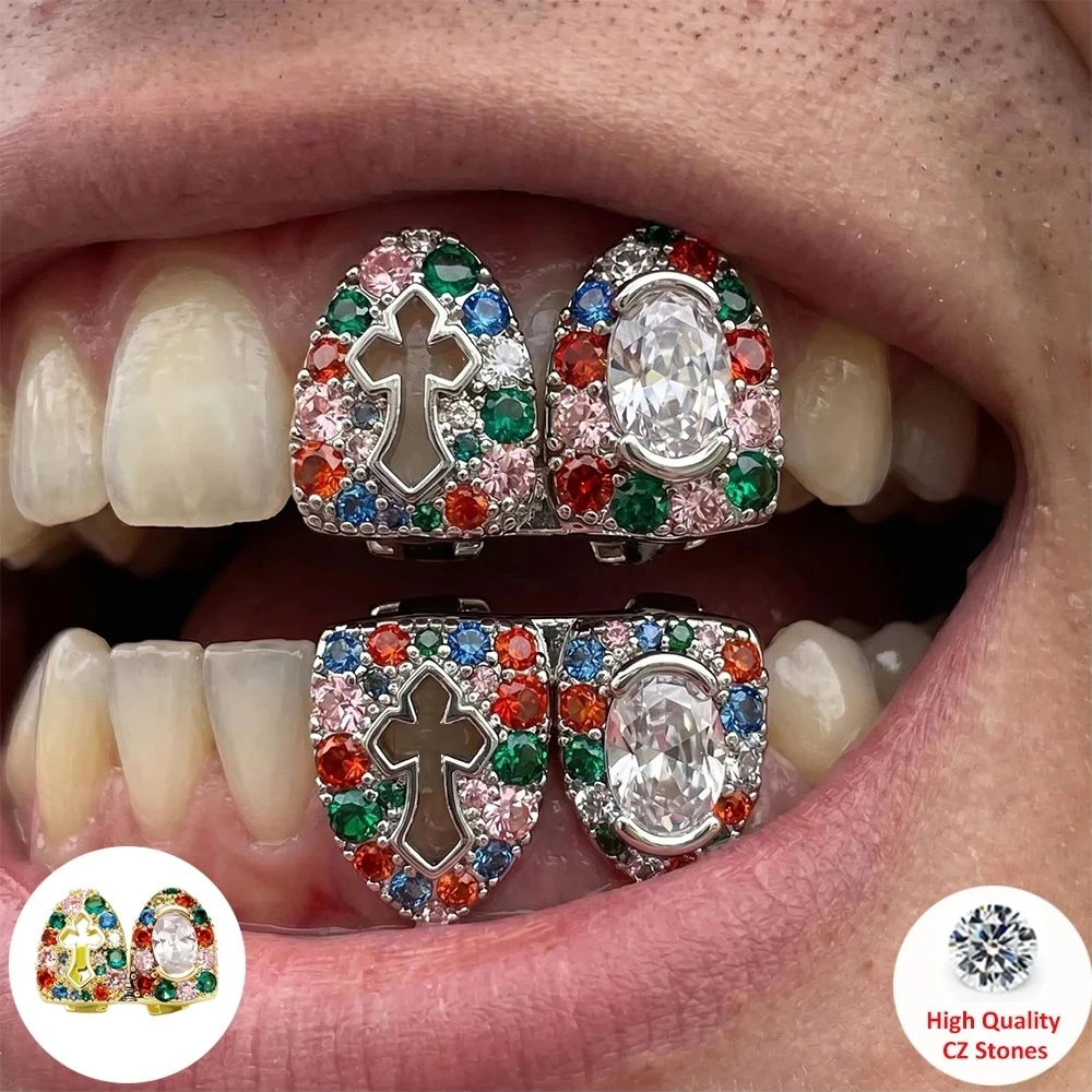 Hip Hop Double Teeth Grillz Set Iced Rainbow Hollow Holy Cross CZ Shiny Top & Bottom Punk Rapper Christmas Gift