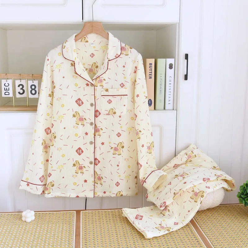 

Новый женский пижамный комплект 2026 года для весны и осени: 100% хлопок, креповый воротник, длинный рукав, длинные брюки, свободная домашняя одежда, комплект из двух предметов