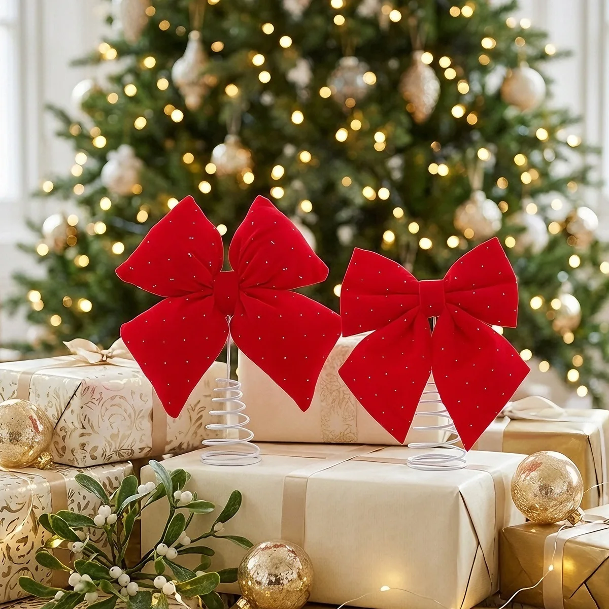 Christmas Decoration Sequin Bow Bowknot Spring Base Tree Topper Xmas Tree Ornament Scene Layout Party Accessory Decor Prop