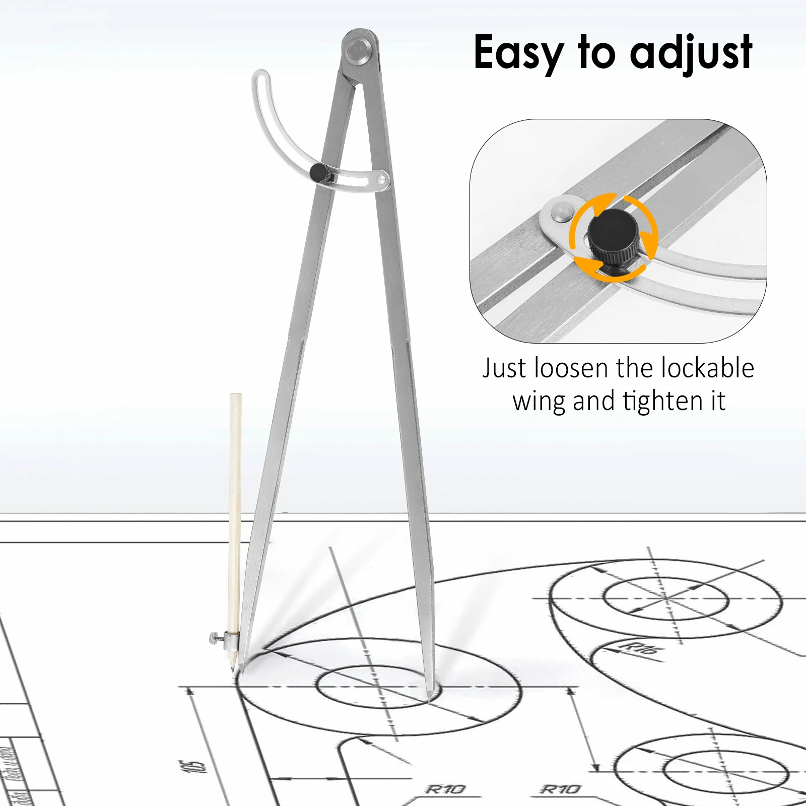 Metal Woodworking Compass 16in Professional Carbon Steel Drafting Compass Tool with Pencil Holder and Lockable Wing for Drawing