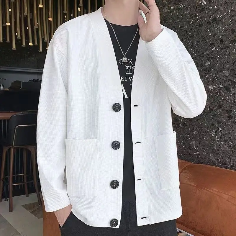 Waffle Cardigan Knitted Men's Jacket Spring and Autumn New Versatile Breasted Men's Loose Casual Jacket Tops Men's Clothing