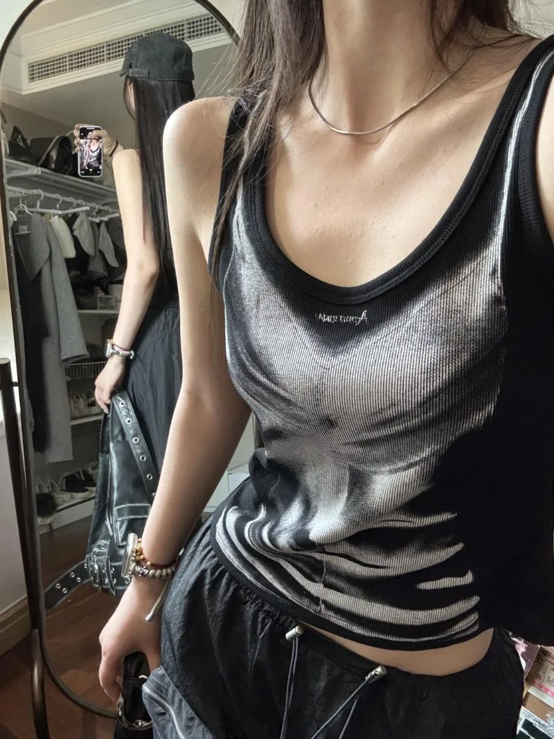 Sleeveless Camis Short Tops Tie Dyed Tanks Summer Women American Black Contrast Color Y2k Slim Waist Skinny Vintage Print