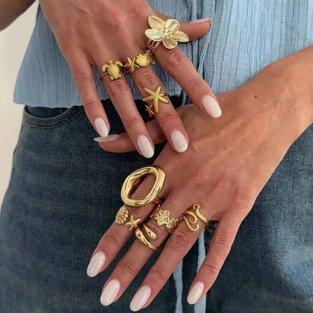 

SHIXIN 9Pcs/Set Boho Creative Starfish Scallop Sea Turtle Open Ring Women Trendy Gold Color Geometric Knuckle Joint Ring Jewelry
