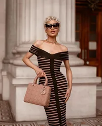 Sexy Off Shoulder Short Sleeve Bodycon Striped Bandage Dress Midi Celebrity Evening Club Bodycon Knitting Dress