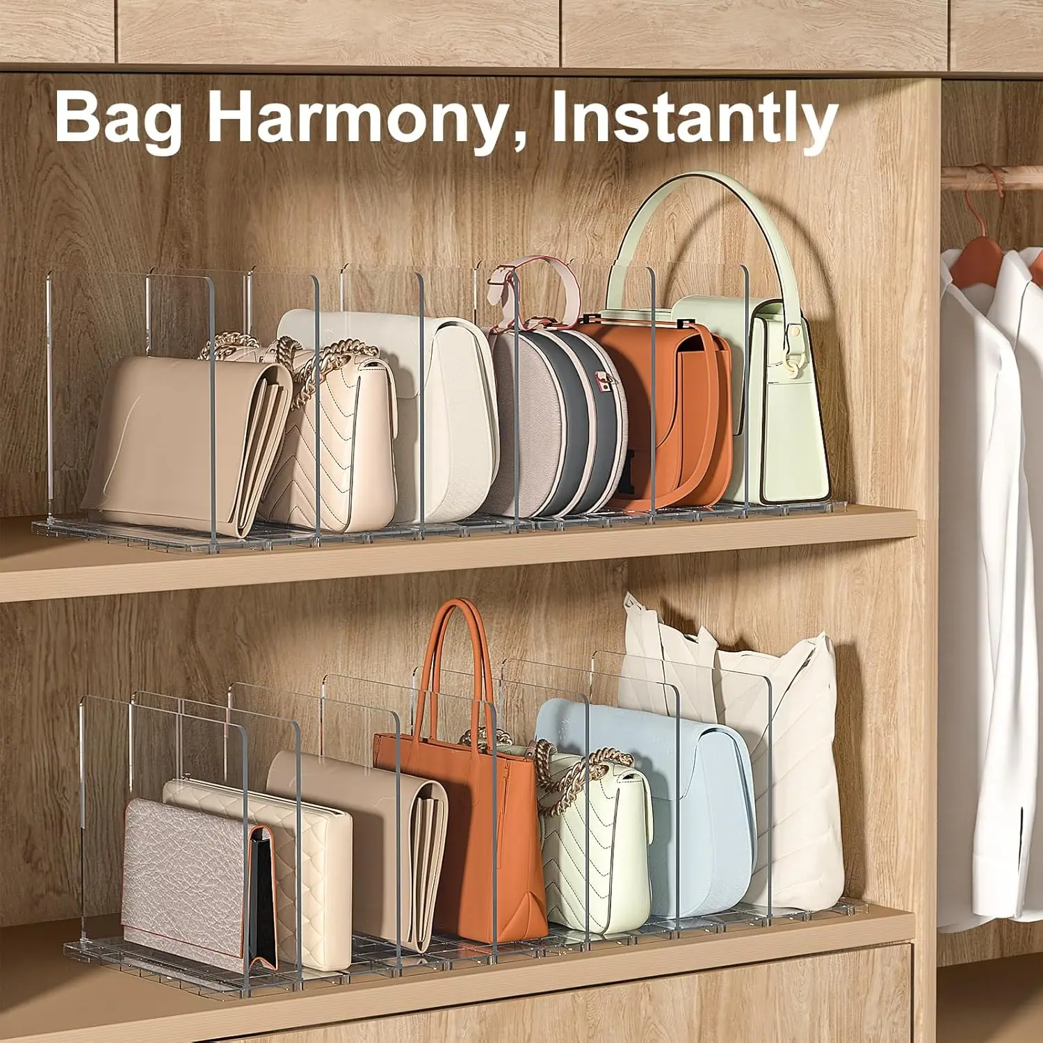 Vertical Handbag Purse Organizer, Clear Acrylic Closet Shelf Separators, Space Saving Upright Bag Dividers for Cabinet Wardrobe
