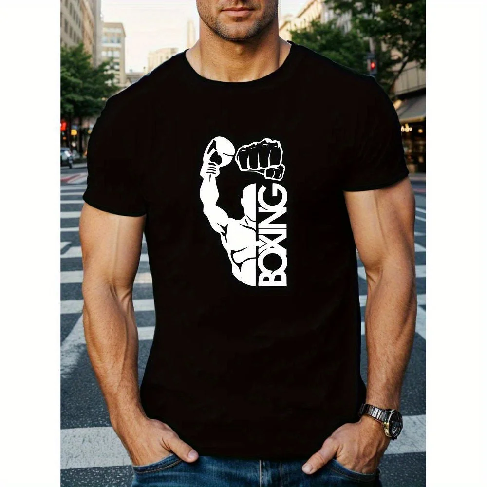 

BOXING printed men's short-sleeved T-shirt, comfortable and casual elastic crew neck top, suitable for men's outdoor activities